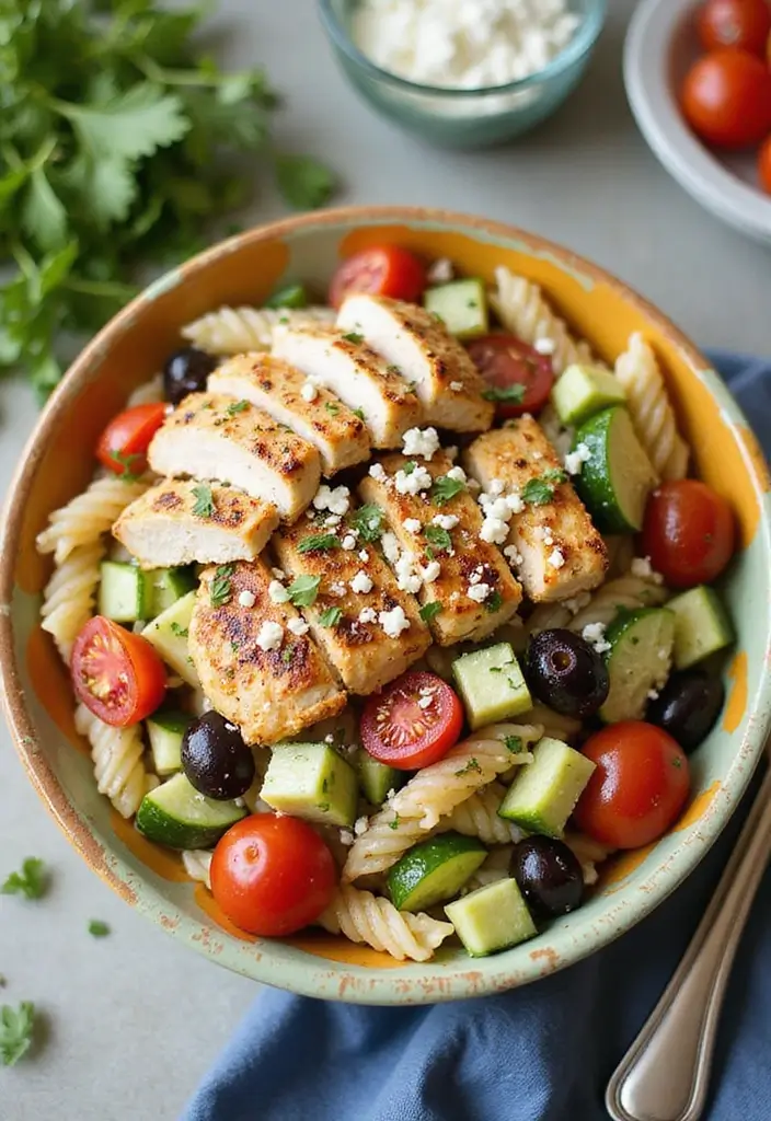 27 Healthy Greek Chicken Bowls That Pack Flavor - 15. Greek Chicken Pasta Salad Bowl