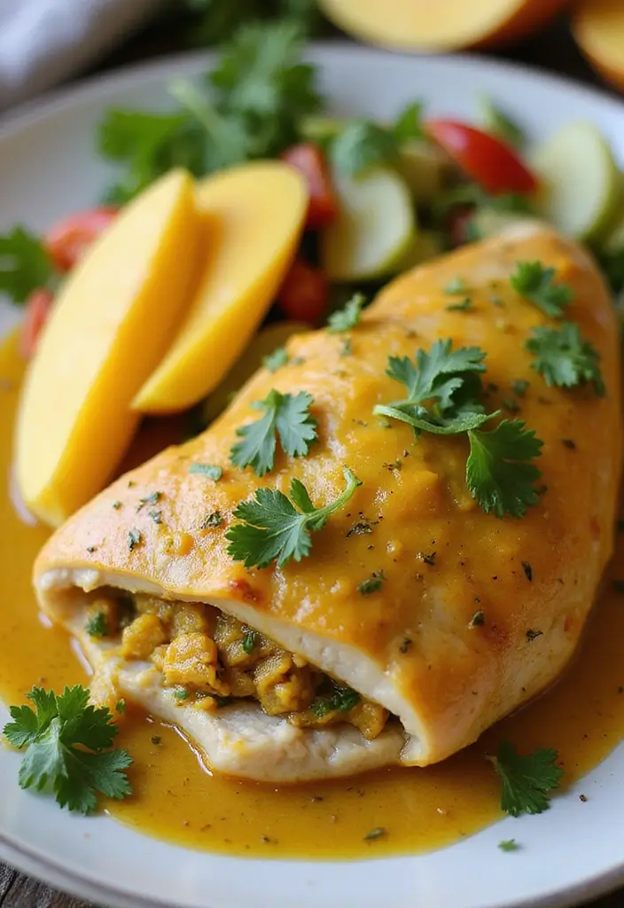 27 Healthy Stuffed Chicken Breast Recipes That Impress - 19. Curry and Mango Stuffed Chicken Breast
