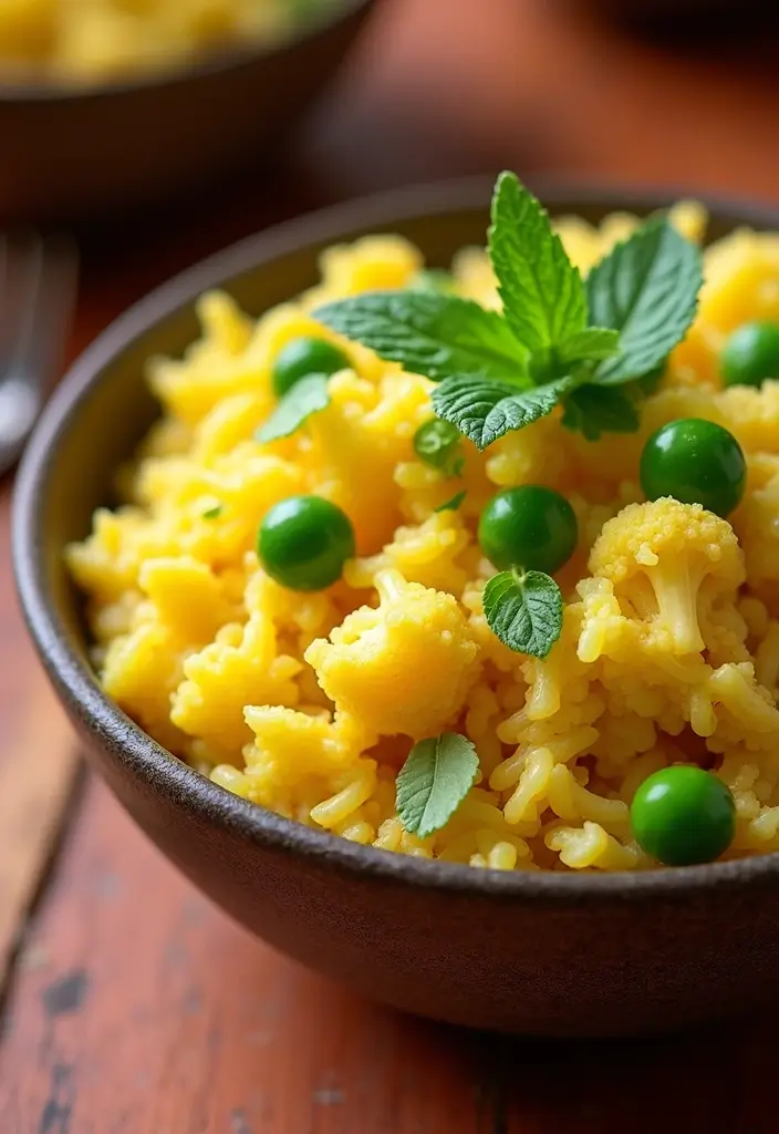 28 Cauliflower Rice Recipes Healthy Low-Carb Sides - 14. Curry Coconut Cauliflower Rice with Peas
