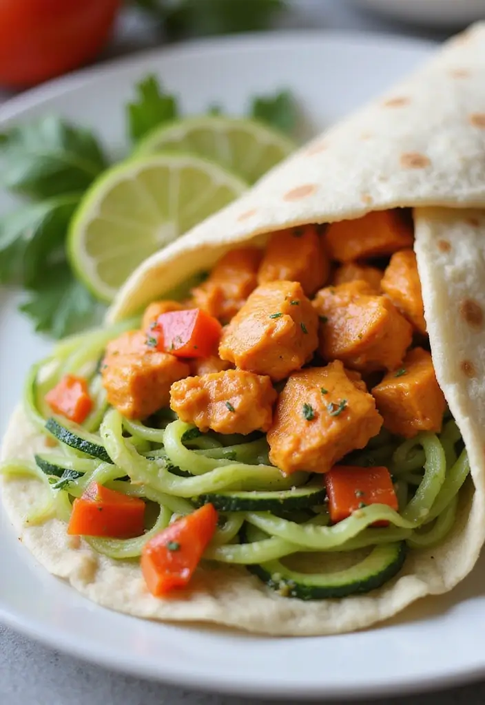 28 Healthy Buffalo Chicken Wraps That Are Spicy and Clean - 20. Buffalo Chicken Wrap with Zucchini Noodles