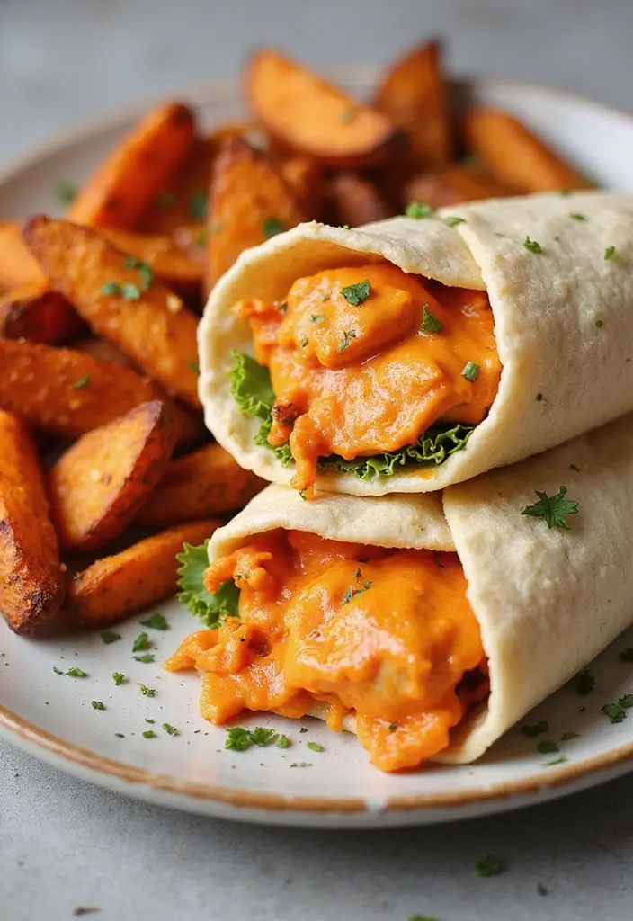 28 Healthy Buffalo Chicken Wraps That Are Spicy and Clean - 5. Buffalo Chicken Wrap with Sweet Potato Fries