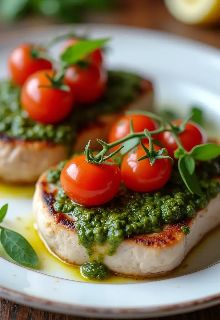 28 Healthy Pork Chop Recipes That Are Juicy and Lean - 14. Pesto Pork Chops with Cherry Tomatoes