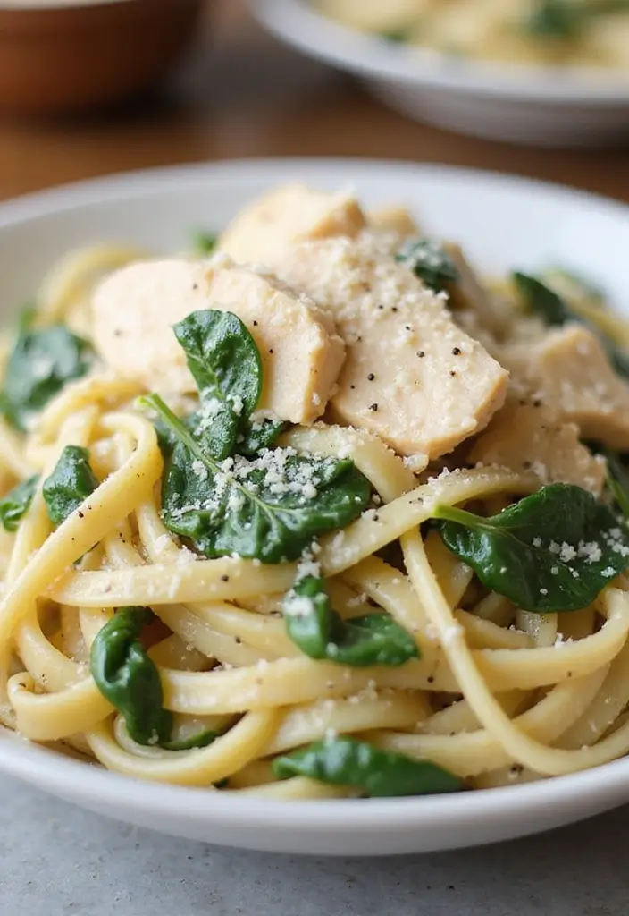 28 Healthy Shredded Chicken Recipes for Meal Prep - 3. Creamy Chicken & Spinach Pasta