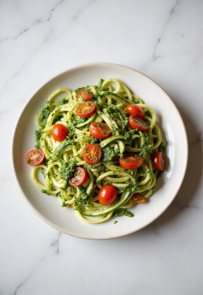 29 Easy Healthy Lunch Recipes You’ll Actually Look Forward To - 12. Zucchini Noodles with Pesto and Cherry Tomatoes