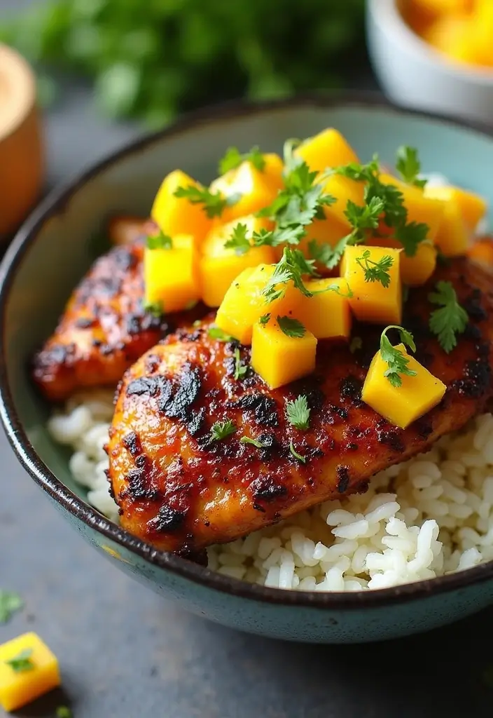 29 Healthy Chicken Burrito Bowl Recipes Full of Protein - 19. Jerk Chicken Bowl