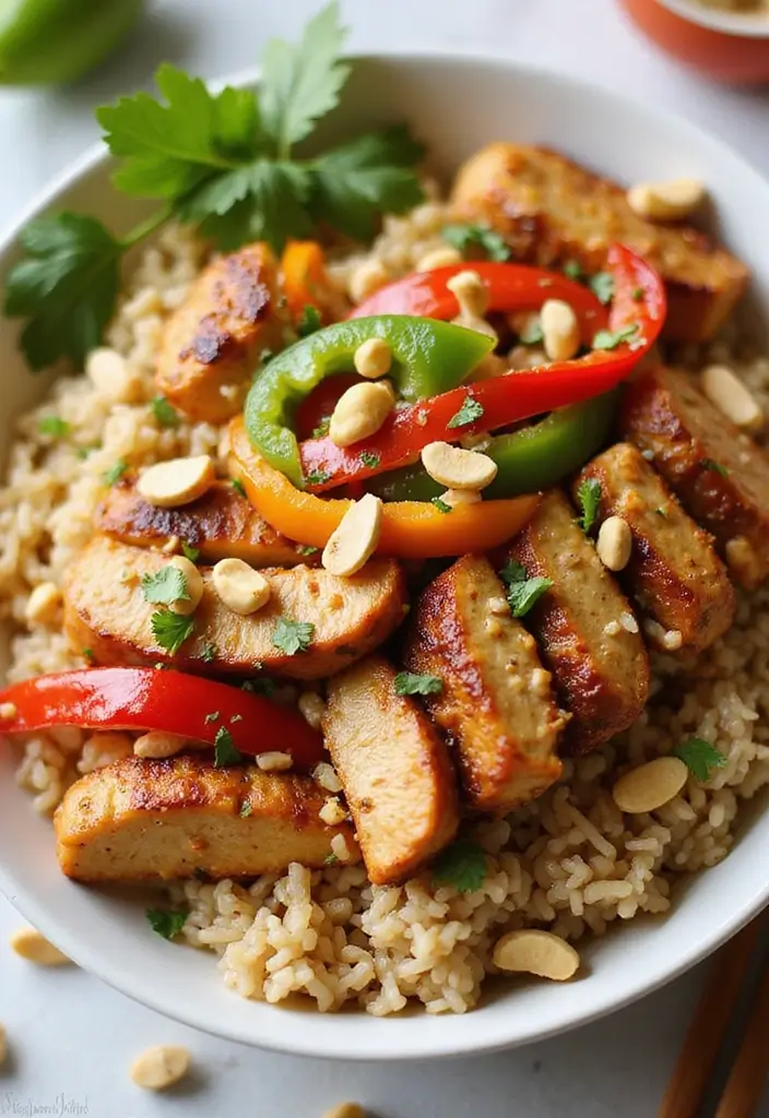 29 Healthy Chicken Burrito Bowl Recipes Full of Protein - 21. Thai Peanut Chicken Bowl