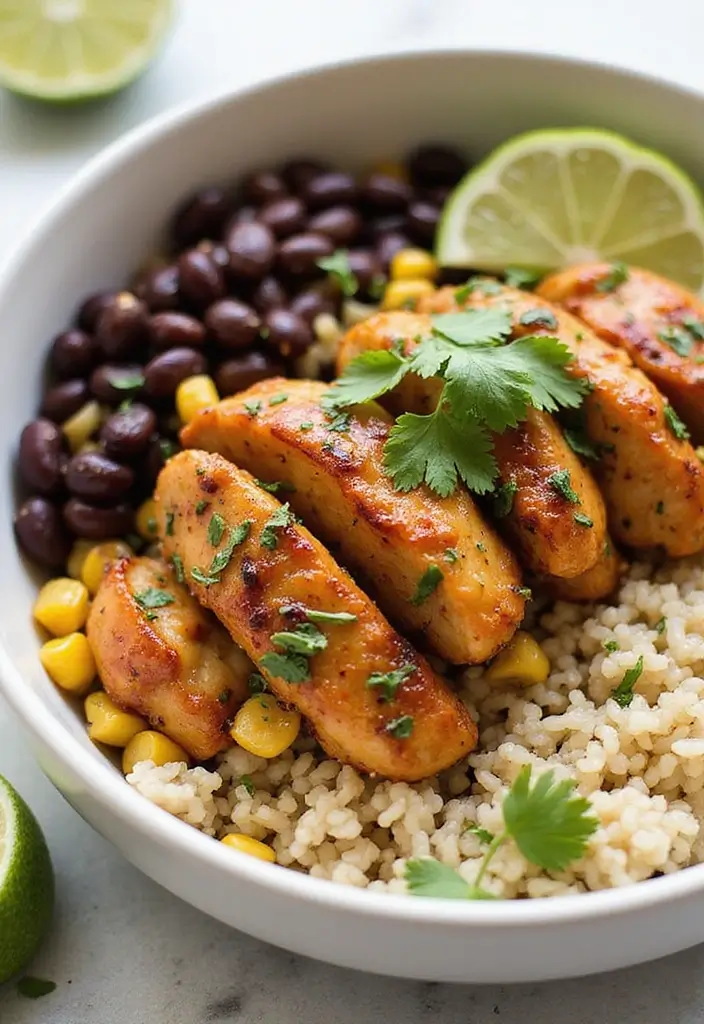 29 Healthy Chicken Burrito Bowl Recipes Full of Protein - 26. Chili Lime Chicken Bowl