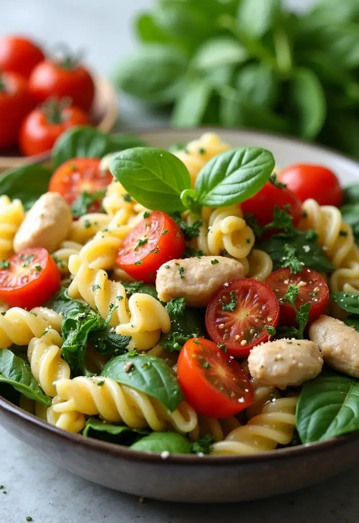 29 Healthy Chicken Pasta Salad Recipes That Taste Amazing - 11. Spinach Chicken Pasta Salad
