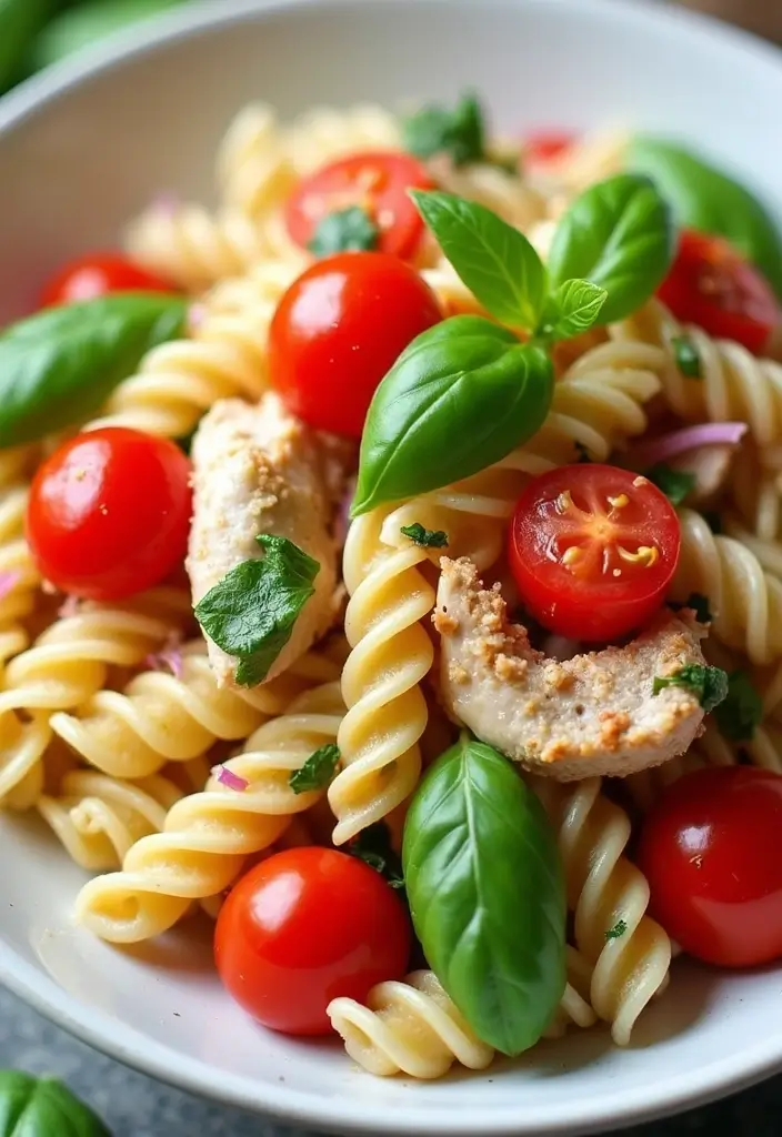 29 Healthy Chicken Pasta Salad Recipes That Taste Amazing - 15. Tomato Basil Chicken Pasta Salad