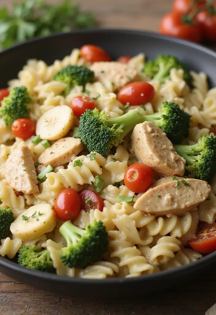 29 Healthy Chicken Pasta Salad Recipes That Taste Amazing - 16. Creamy Garlic Chicken Pasta Salad