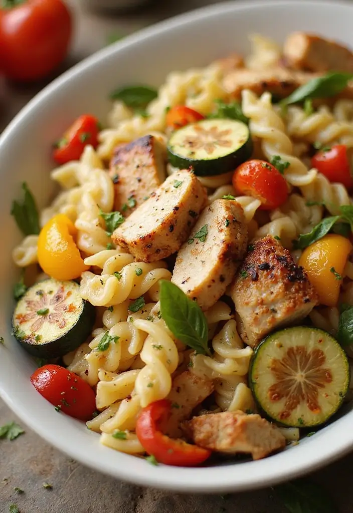 29 Healthy Chicken Pasta Salad Recipes That Taste Amazing - 21. Roasted Vegetable Chicken Pasta Salad