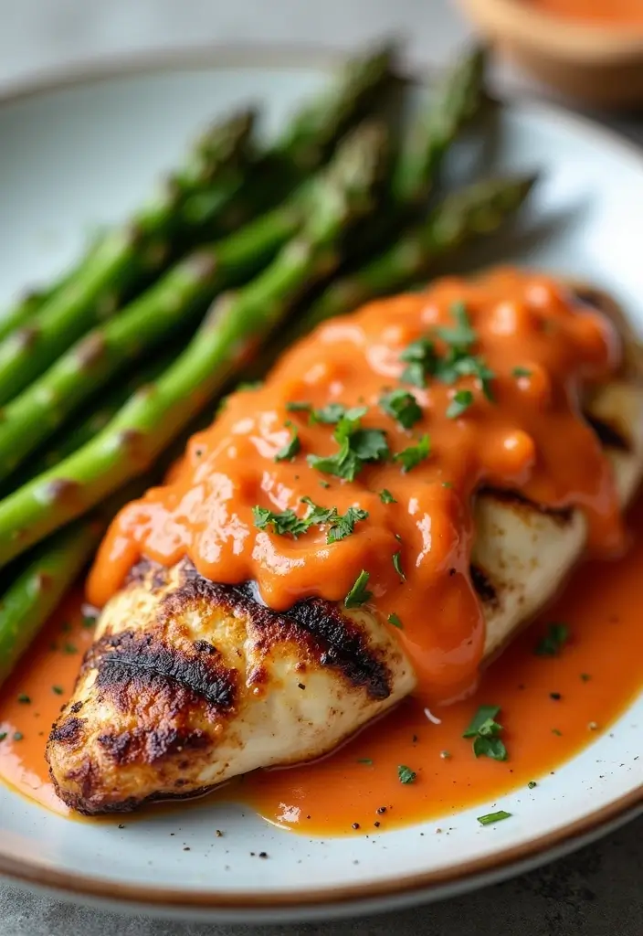 29 Healthy Grilled Chicken Recipes That Are Full of Flavor - 26. Grilled Chicken with Roasted Red Pepper Sauce