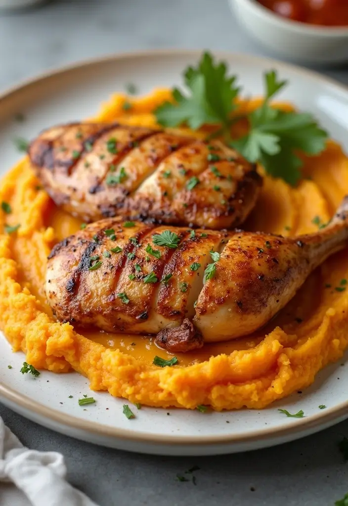 29 Healthy Grilled Chicken Recipes That Are Full of Flavor - 28. Grilled Chicken with Sweet Potato Mash