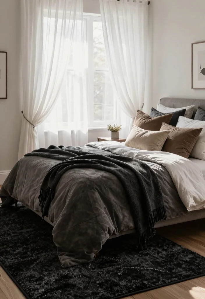 15 Black Rug Bedroom Ideas With Moody Modern Vibes - 11. Soft Fabrics and Layering 1