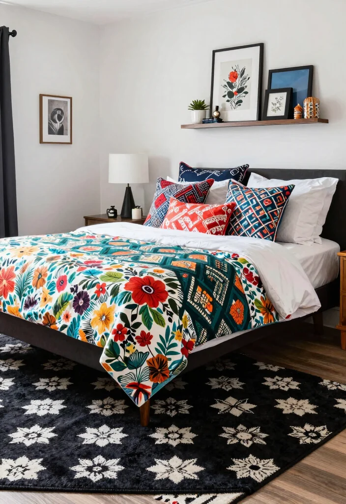 15 Black Rug Bedroom Ideas With Moody Modern Vibes - 13. Combining Patterns 1