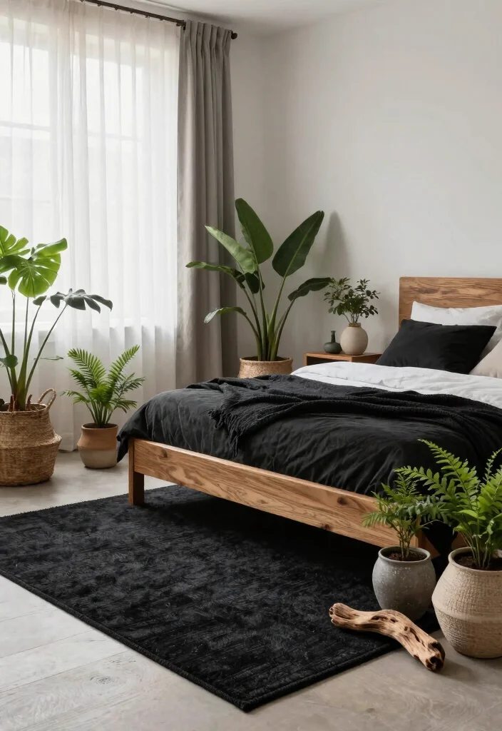 15 Black Rug Bedroom Ideas With Moody Modern Vibes - 8. Nature-Inspired Elements 1