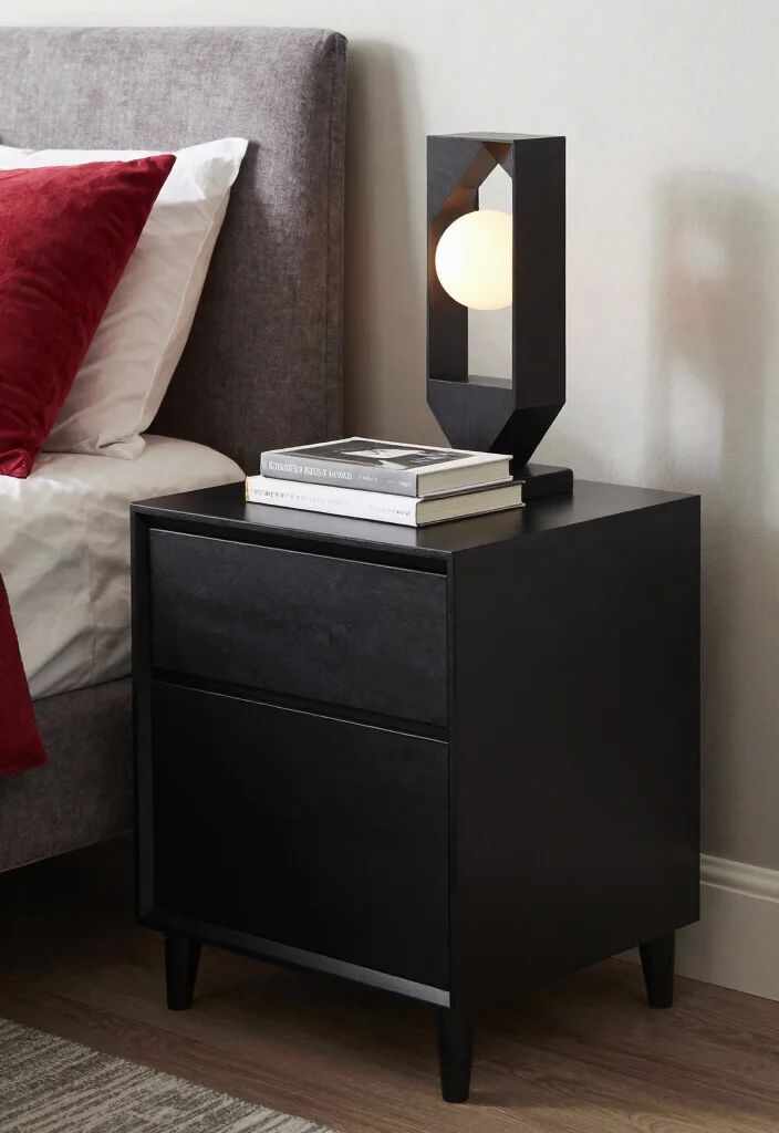 15 Desk as Nightstand Ideas With Smart Dual Purpose Style - 3. Sleek Black Desk with Contemporary Flair 1