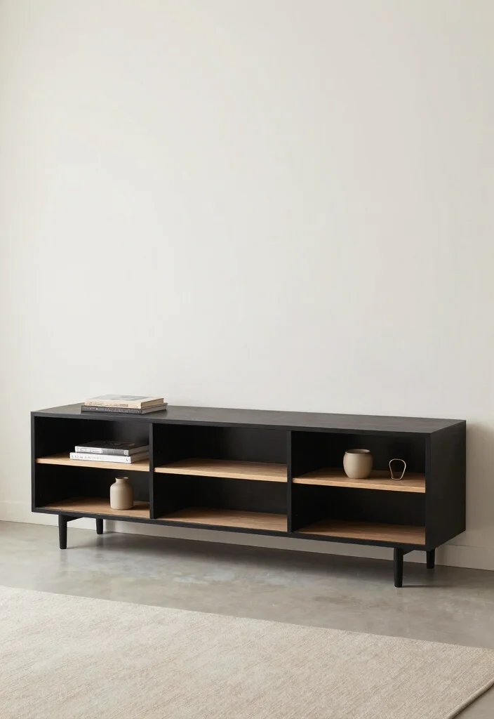 15 Island TV Unit Ideas With Modern Minimal Style - 11. Minimalist Black Accents 1