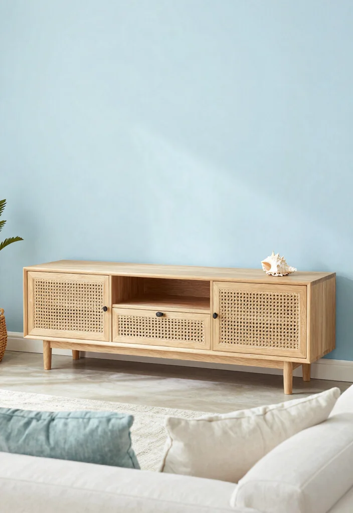 15 Island TV Unit Ideas With Modern Minimal Style - 4. Coastal Vibes with Rattan 1