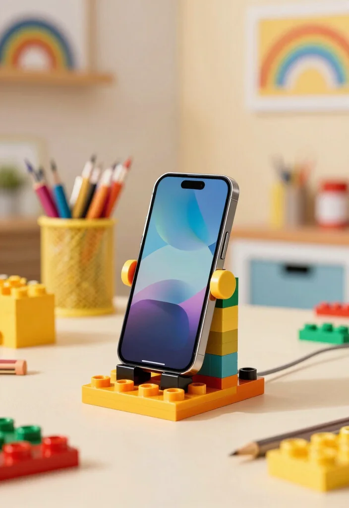16 Mobile Stand Ideas With Functional Creative Designs - 15. Colorful LEGO Stand 1
