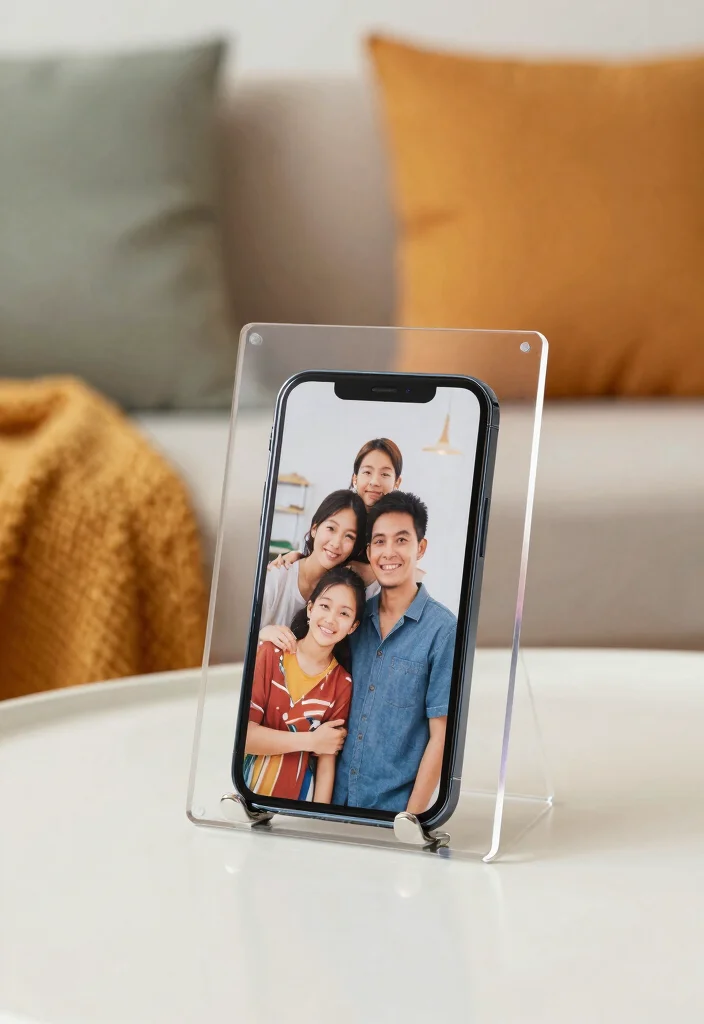 16 Mobile Stand Ideas With Functional Creative Designs - 16. Dynamic Acrylic Photo Frame Stand 1
