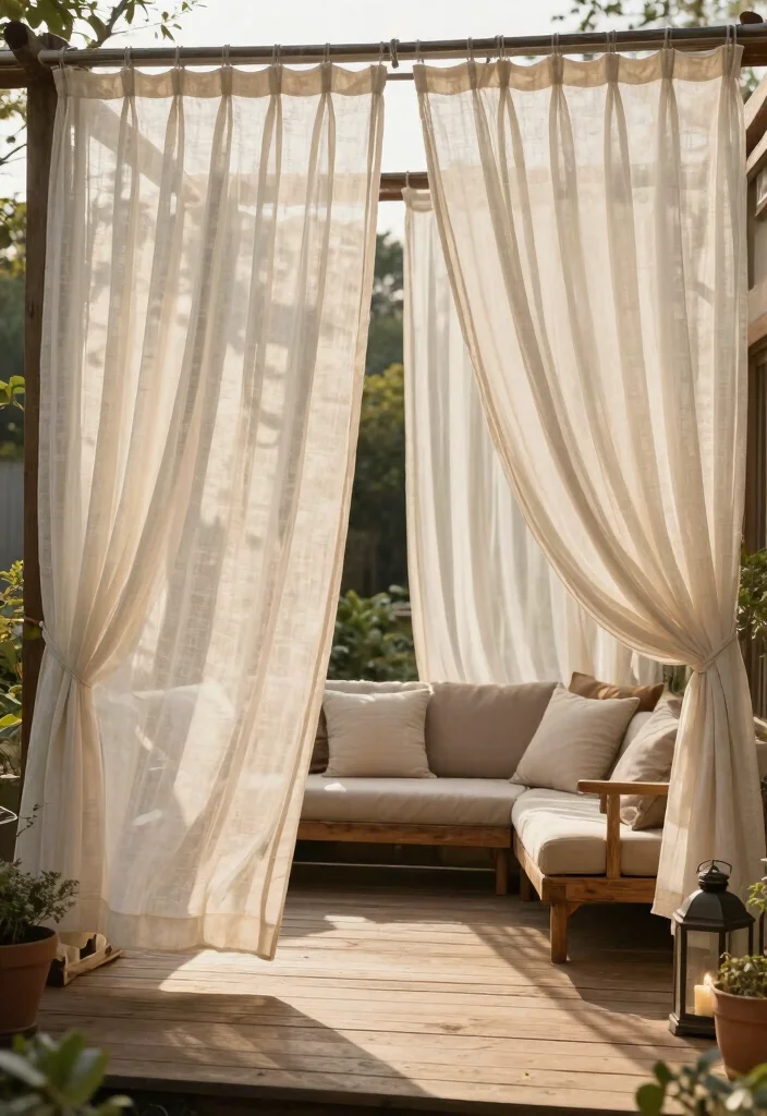16 Outdoor Patio Curtains Ideas With Breezy Elegant Vibes - 1. Sheer Linen Curtains for a Soft Glow 1