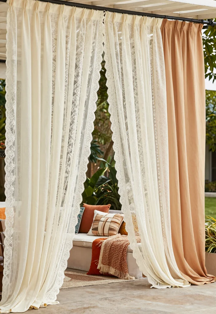 16 Outdoor Patio Curtains Ideas With Breezy Elegant Vibes - 12. Mixed Fabrics for Texture 1