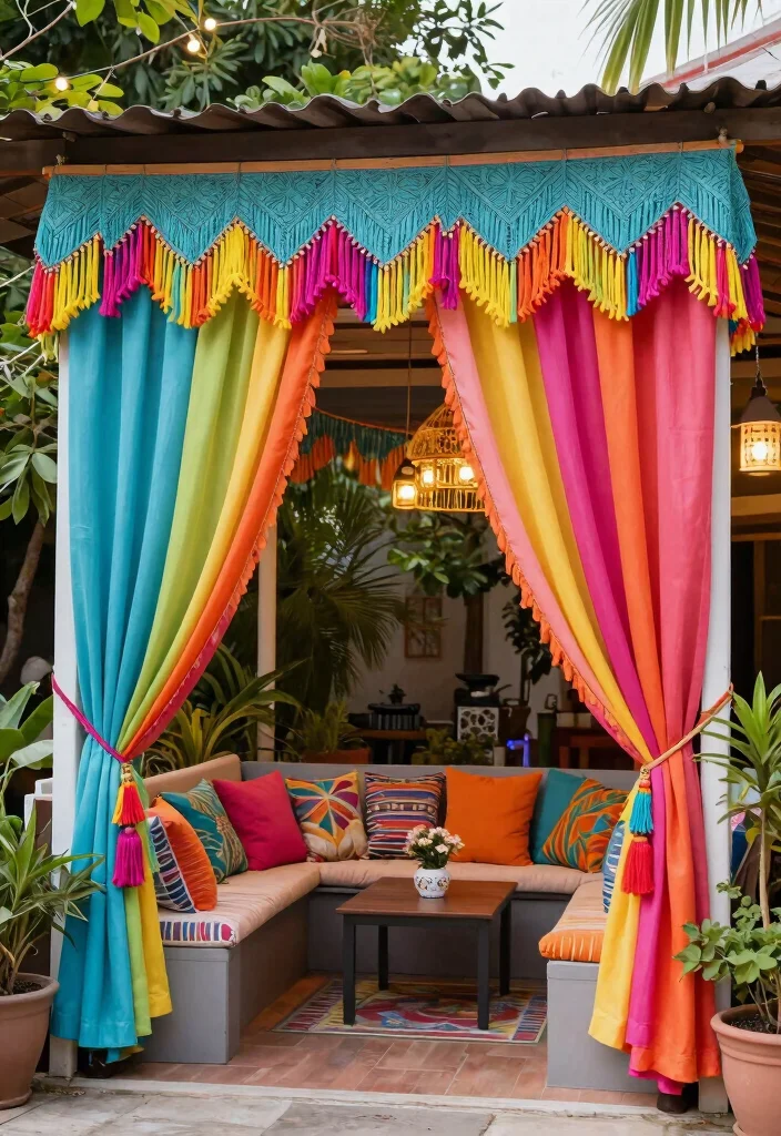 16 Outdoor Patio Curtains Ideas With Breezy Elegant Vibes - 15. Colorful Tassel Trim Curtains 1