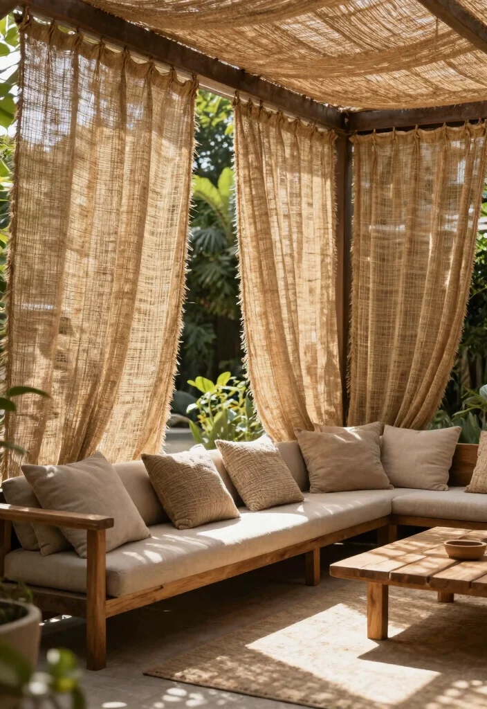 16 Outdoor Patio Curtains Ideas With Breezy Elegant Vibes - 3. Rustic, Woven Textiles 1