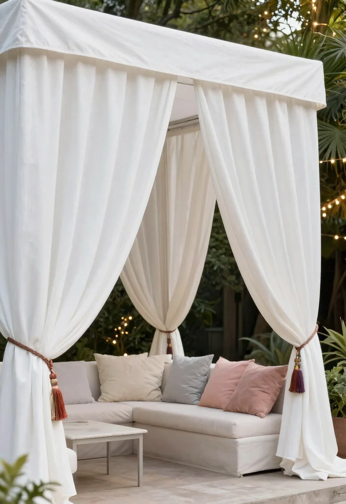 16 Outdoor Patio Curtains Ideas With Breezy Elegant Vibes - 6. Elegant White Canvas with Accents 1