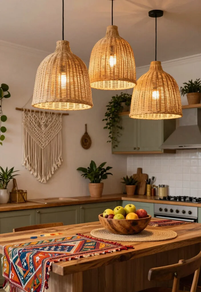 16 Rattan Pendant Light Kitchen Island Ideas With Warm Texture - 1. Natural Bohemian Vibes 1