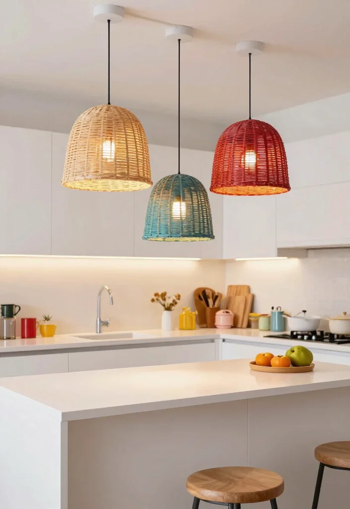 16 Rattan Pendant Light Kitchen Island Ideas With Warm Texture - 10. Color Pop 1