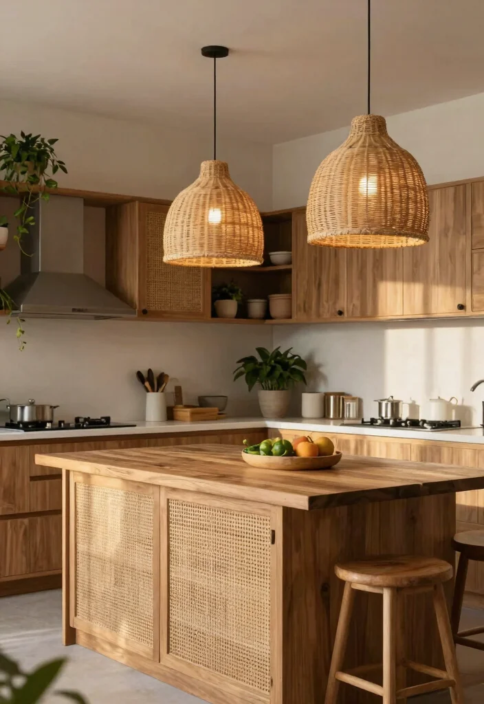 16 Rattan Pendant Light Kitchen Island Ideas With Warm Texture - 11. Earthy Neutrals 1