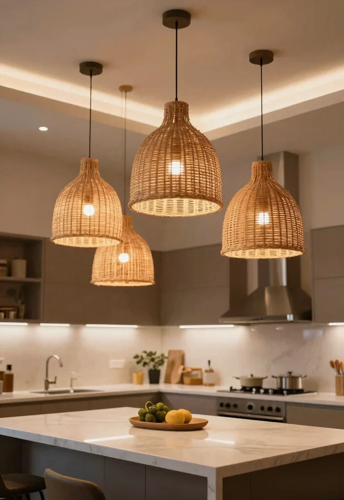 16 Rattan Pendant Light Kitchen Island Ideas With Warm Texture - 12. Layered Lighting 1