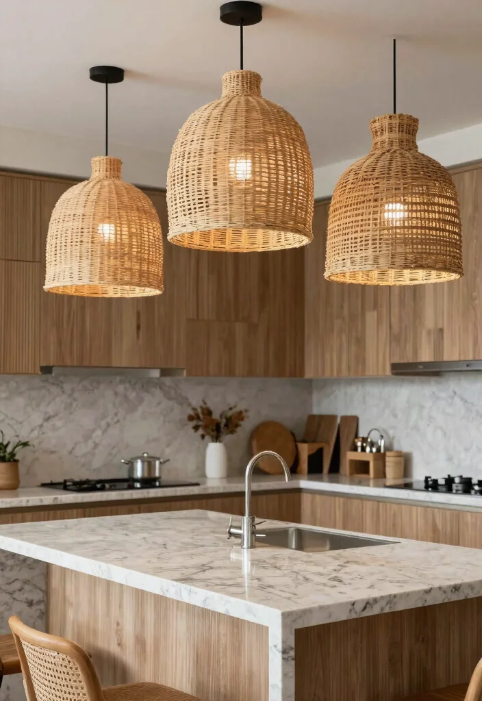 16 Rattan Pendant Light Kitchen Island Ideas With Warm Texture - 15. Unique Textures 1