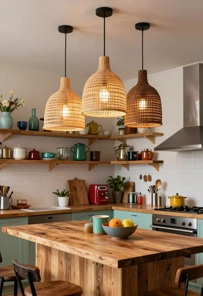 16 Rattan Pendant Light Kitchen Island Ideas With Warm Texture - 3. Vintage Eclectic 1