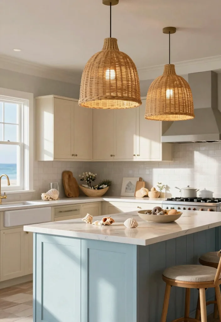 16 Rattan Pendant Light Kitchen Island Ideas With Warm Texture - 4. Coastal Retreat 1