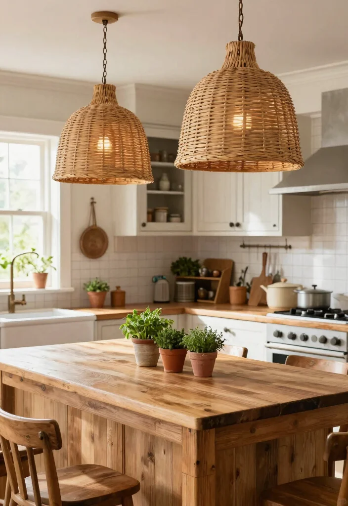 16 Rattan Pendant Light Kitchen Island Ideas With Warm Texture - 5. Farmhouse Charm 1