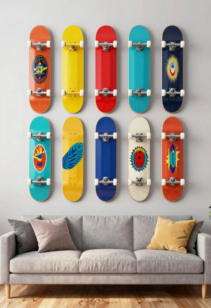16 Skate Board Deck Wall Art Ideas With Cool Urban Edge - 1. Geometric Wall Arrangement 1