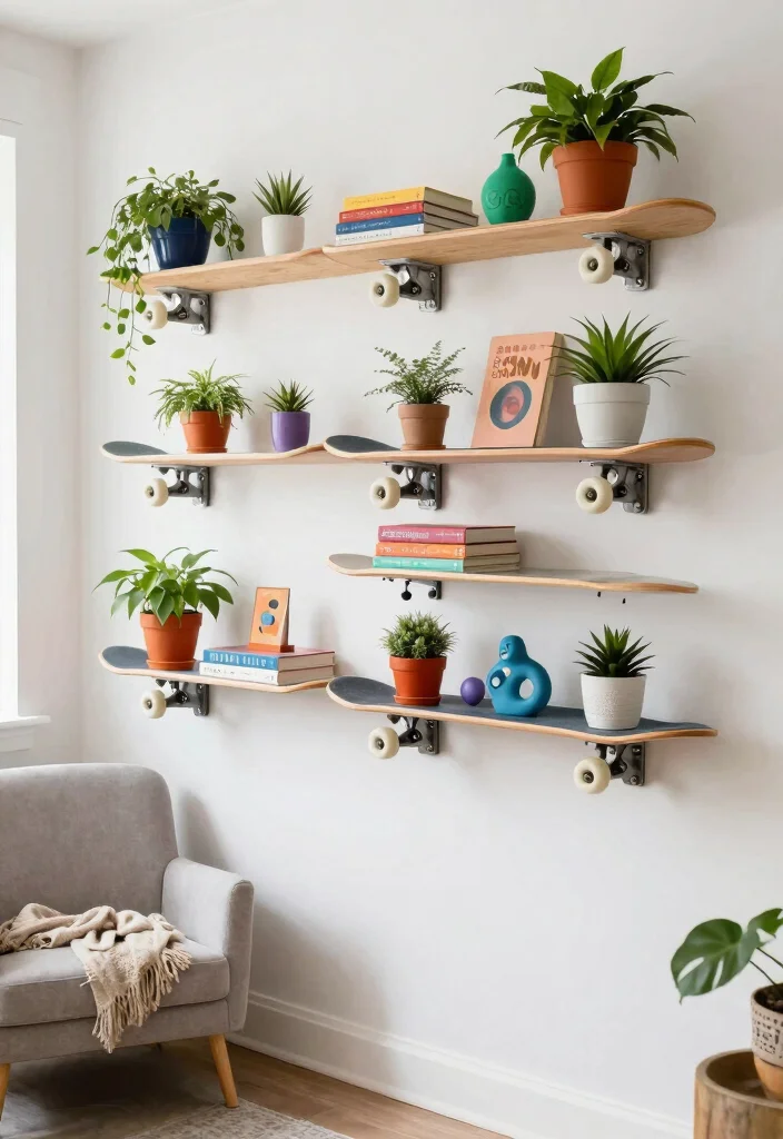 16 Skate Board Deck Wall Art Ideas With Cool Urban Edge - 4. DIY Shelf Display 1