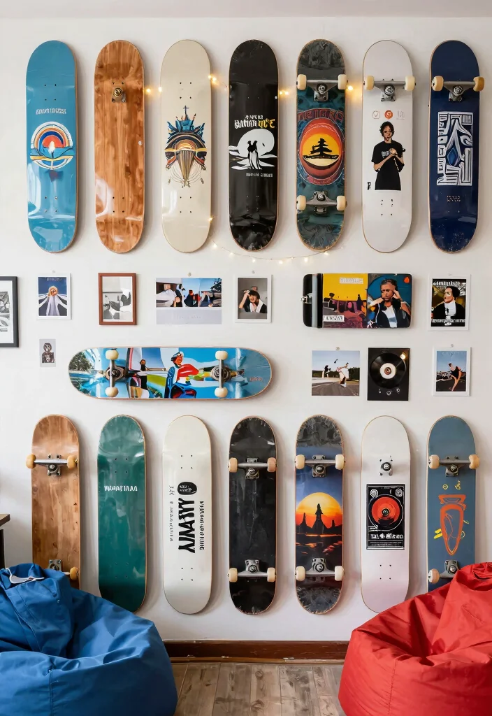 16 Skate Board Deck Wall Art Ideas With Cool Urban Edge - 6. Themed Collages 1