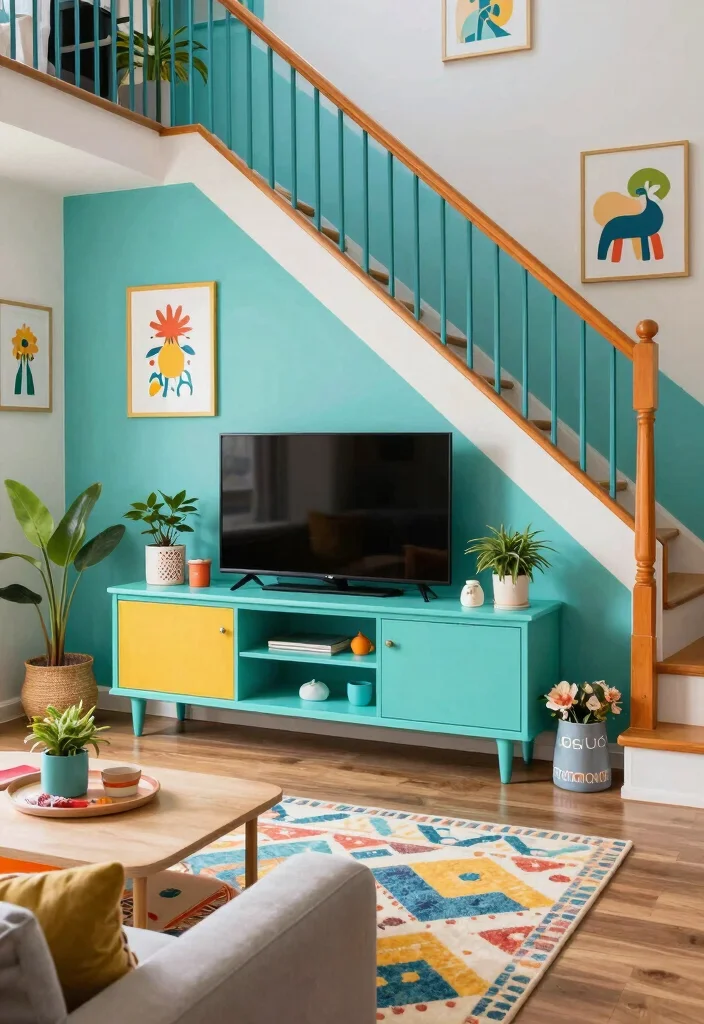 16 TV Unit Below Staircase Ideas That Maximize Space - 10. Colorful and Fun Designs 1