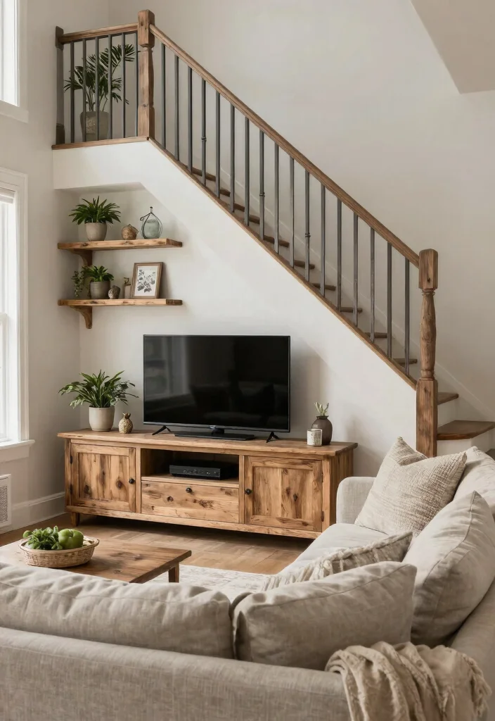 16 TV Unit Below Staircase Ideas That Maximize Space - 11. Rustic Farmhouse Style 1