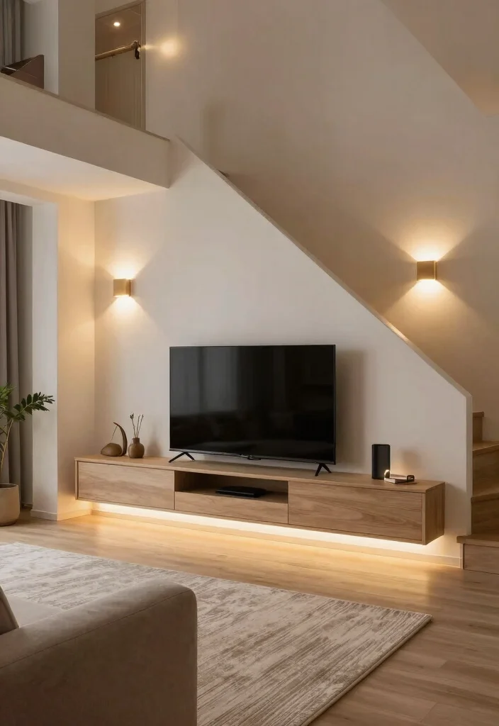 16 TV Unit Below Staircase Ideas That Maximize Space - 14. Customized Lighting Solutions 1
