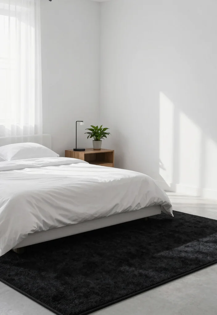 17 Black and White Rug Bedroom Ideas With Bold Contrast - 1. Minimalist Monochrome Oasis 1