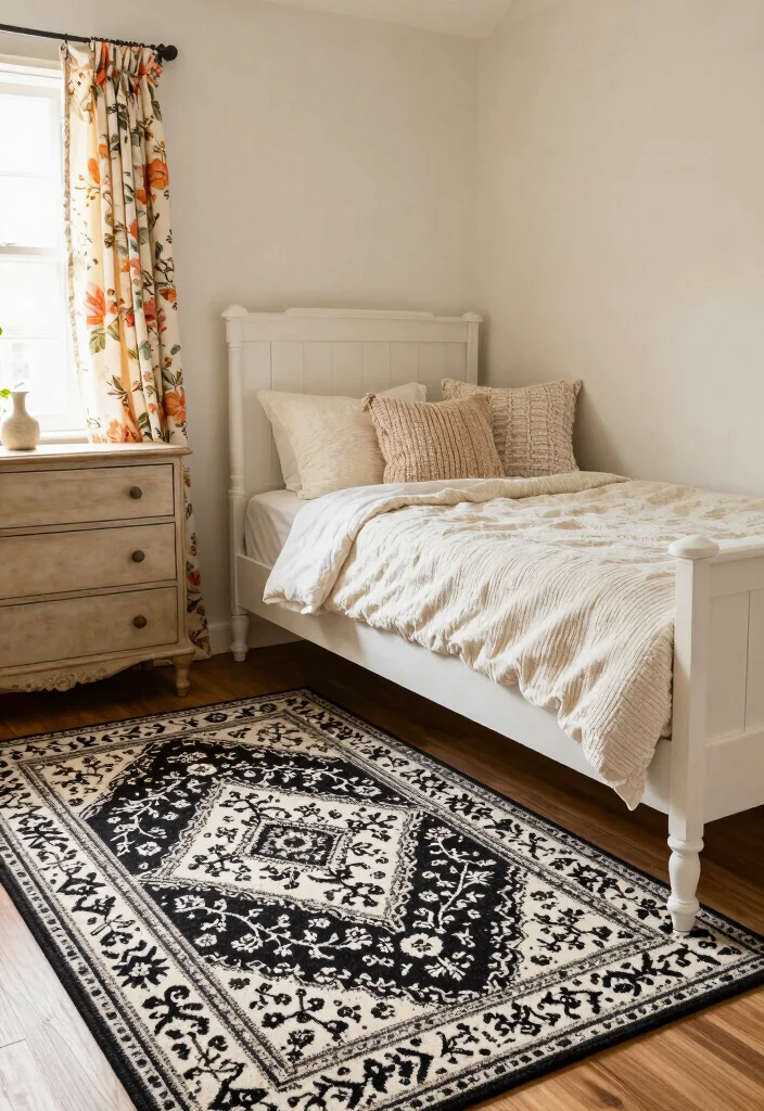17 Black and White Rug Bedroom Ideas With Bold Contrast - 10. Cozy Cottage Charm 1