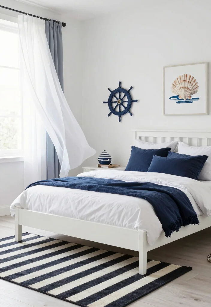 17 Black and White Rug Bedroom Ideas With Bold Contrast - 11. Nautical Influences 1
