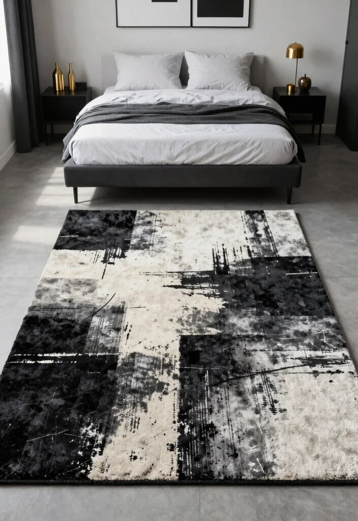 17 Black and White Rug Bedroom Ideas With Bold Contrast - 12. Artistic Flair with Abstract Designs 1