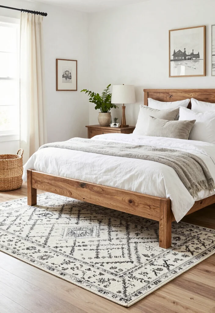 17 Black and White Rug Bedroom Ideas With Bold Contrast - 15. Contemporary Farmhouse Style 1