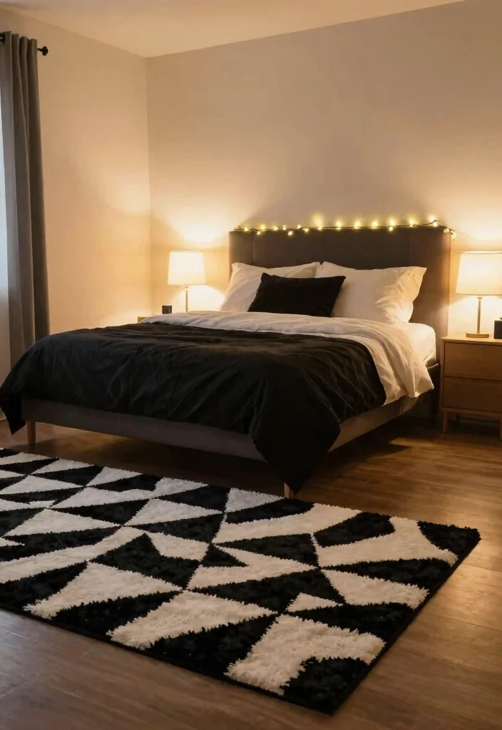 17 Black and White Rug Bedroom Ideas With Bold Contrast - 16. Soft Lighting for Ambiance 1